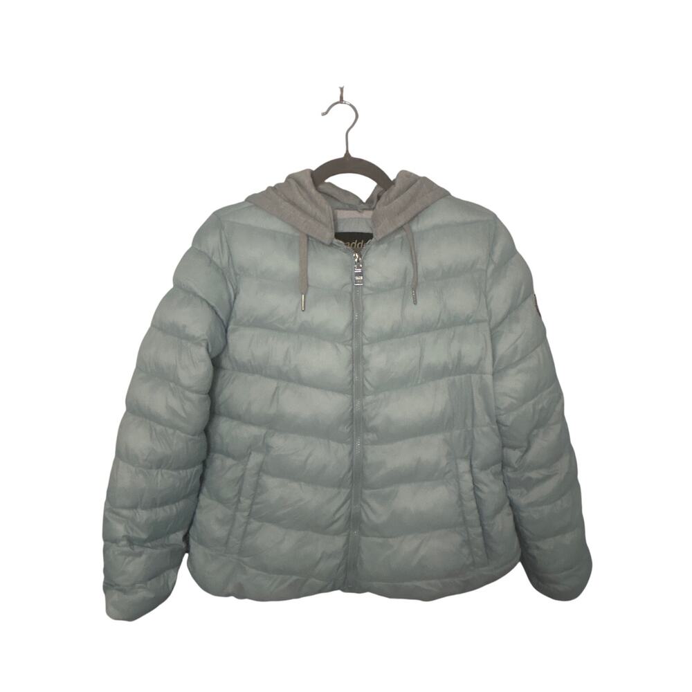 Steve 
Madden Women’s Puffer Jacket Sage Green Knit Gray Hood‎ Pockets Large